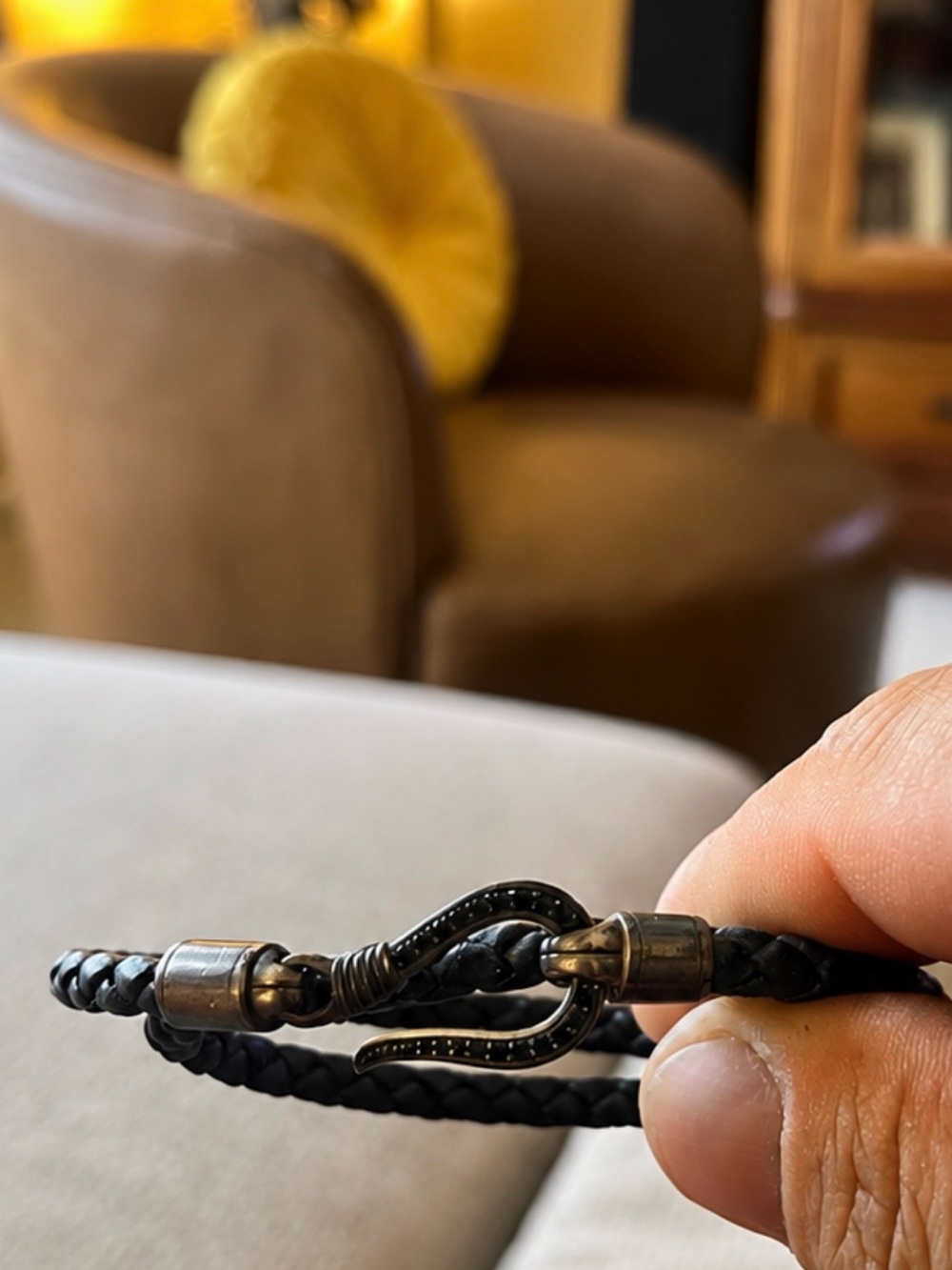 Men's EFFY double Black Braided Leather Bracelet with Metal Hook Clasp. 8.25 in